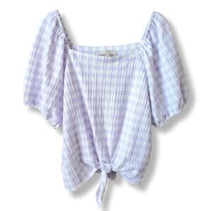 Women Pastel Purple Gingham Puff Sleeve Cropped Top XL Cottage Country Prairie